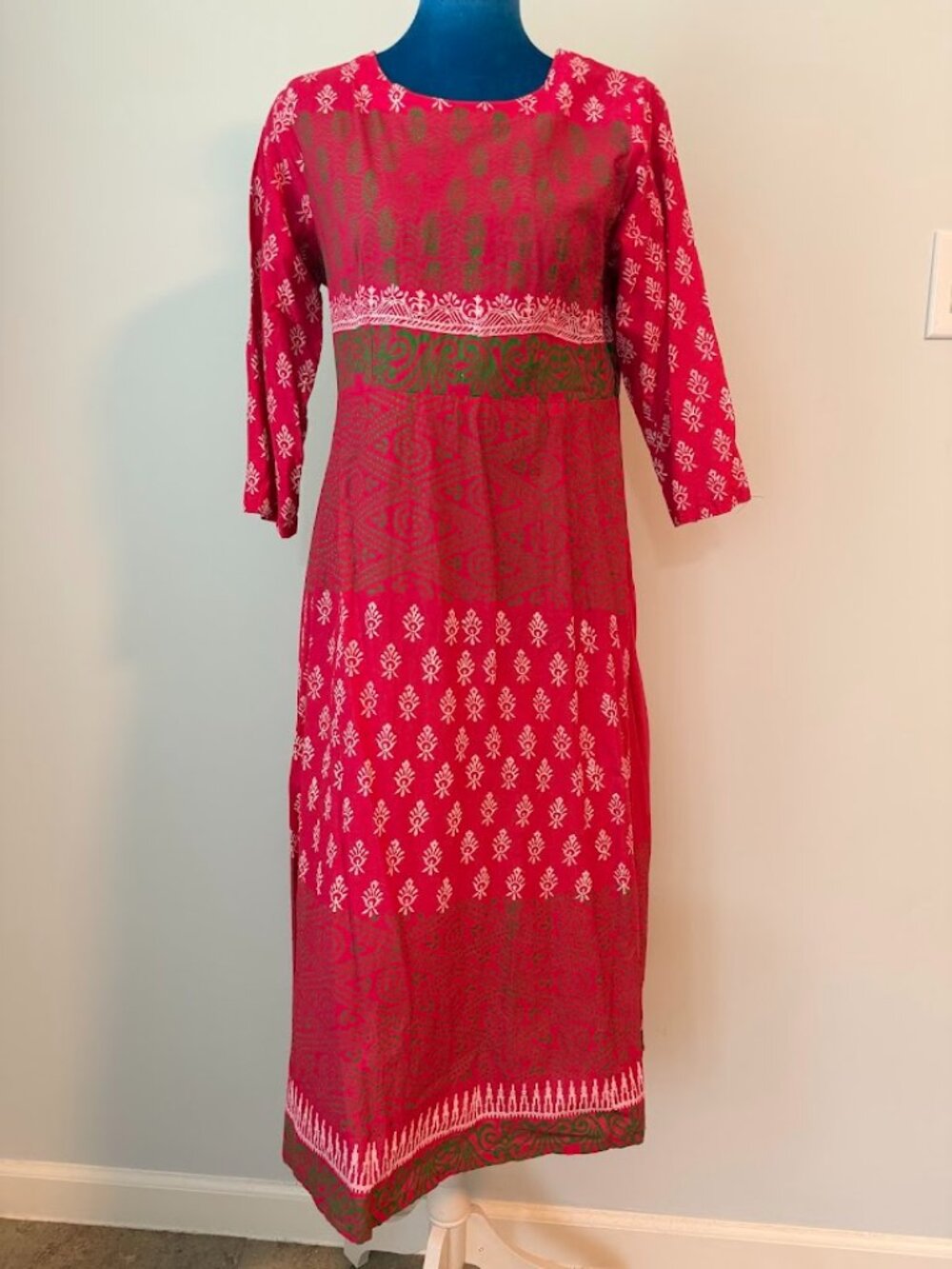 Pink Cotton Dress White Green Print Long Sleeve